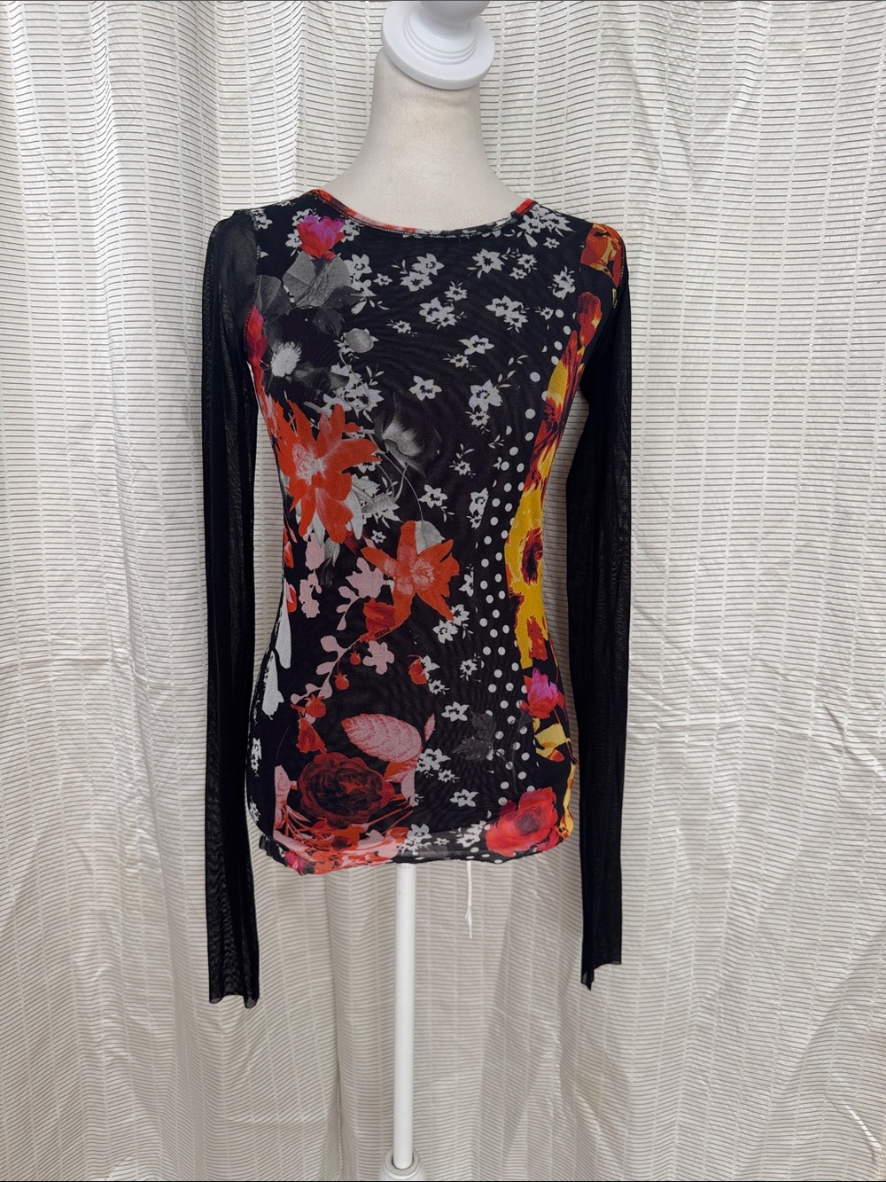 Fuzzi long-sleeve top sheer black mesh vibrant floral and abstract print